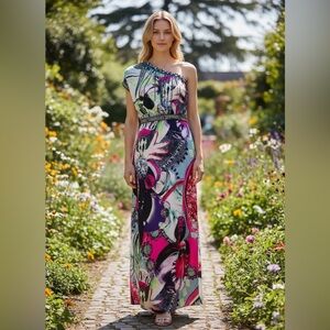 Custo Barcelona One Shoulder Maxi Dress with Chain-Work Beading Side Zipper Sz S